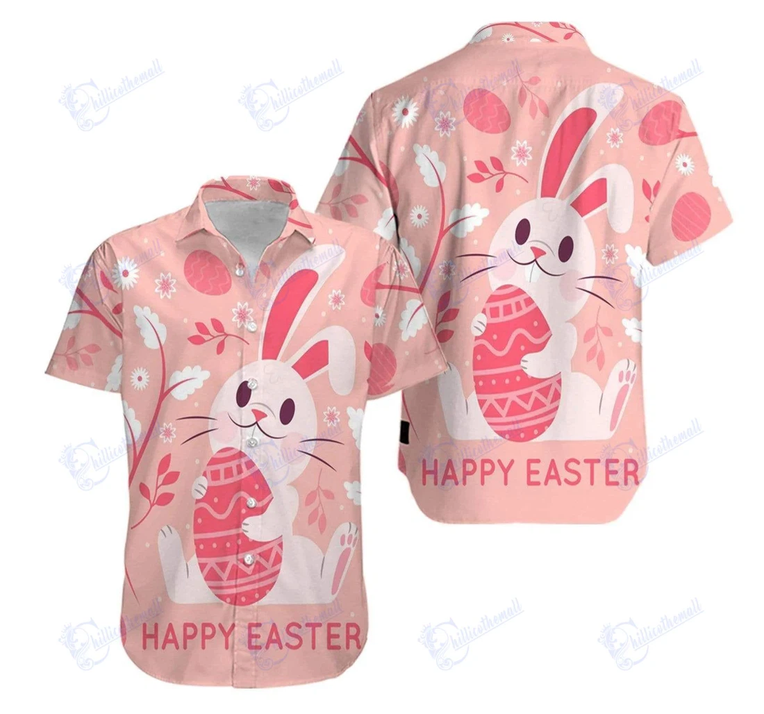 Personalized Bunny Pink Happy Easter Day V-zides Sport Hawaiian Shirt, Button Up Aloha Shirt For Men, Women