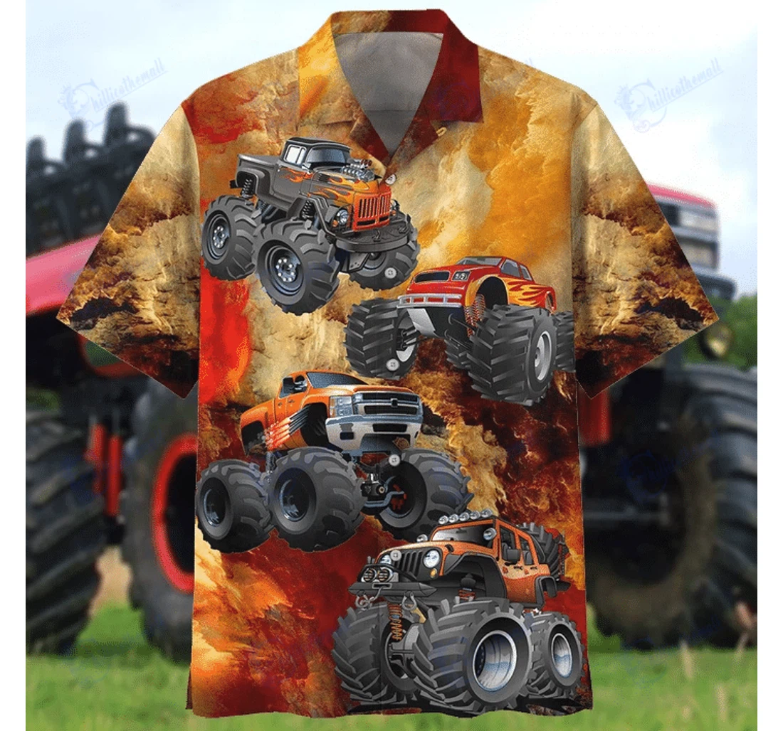 Personalized Monster Trucks Hawaiian Shirt, Button Up Aloha Shirt For Men, Women