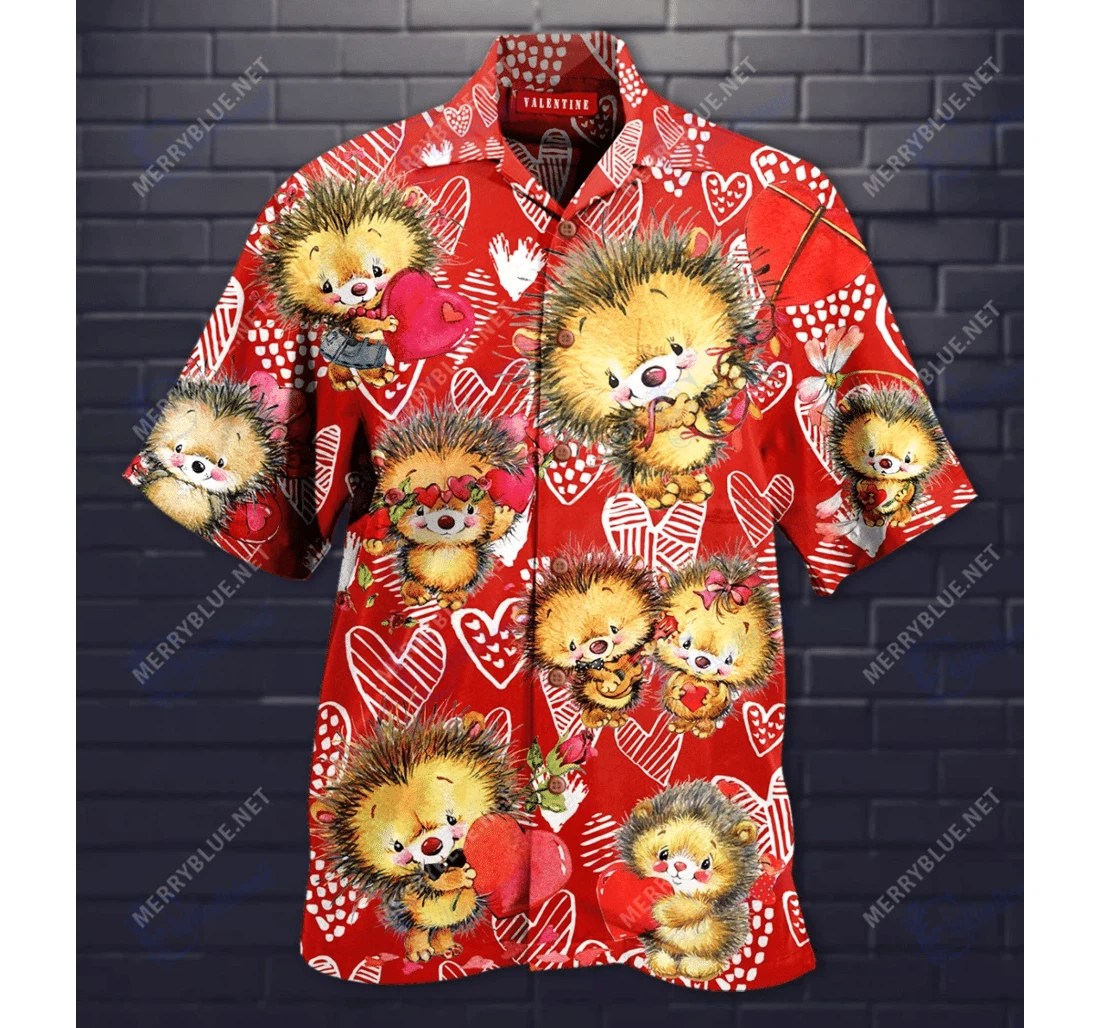 Personalized Cute Hedgehog On Valentines Day Hawaiian Shirt, Button Up Aloha Shirt For Men, Women