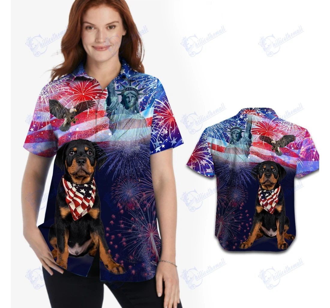 Personalized Rottweiler Fireworks American Independence Day Hawaiian Shirt, Button Up Aloha Shirt For Men, Women