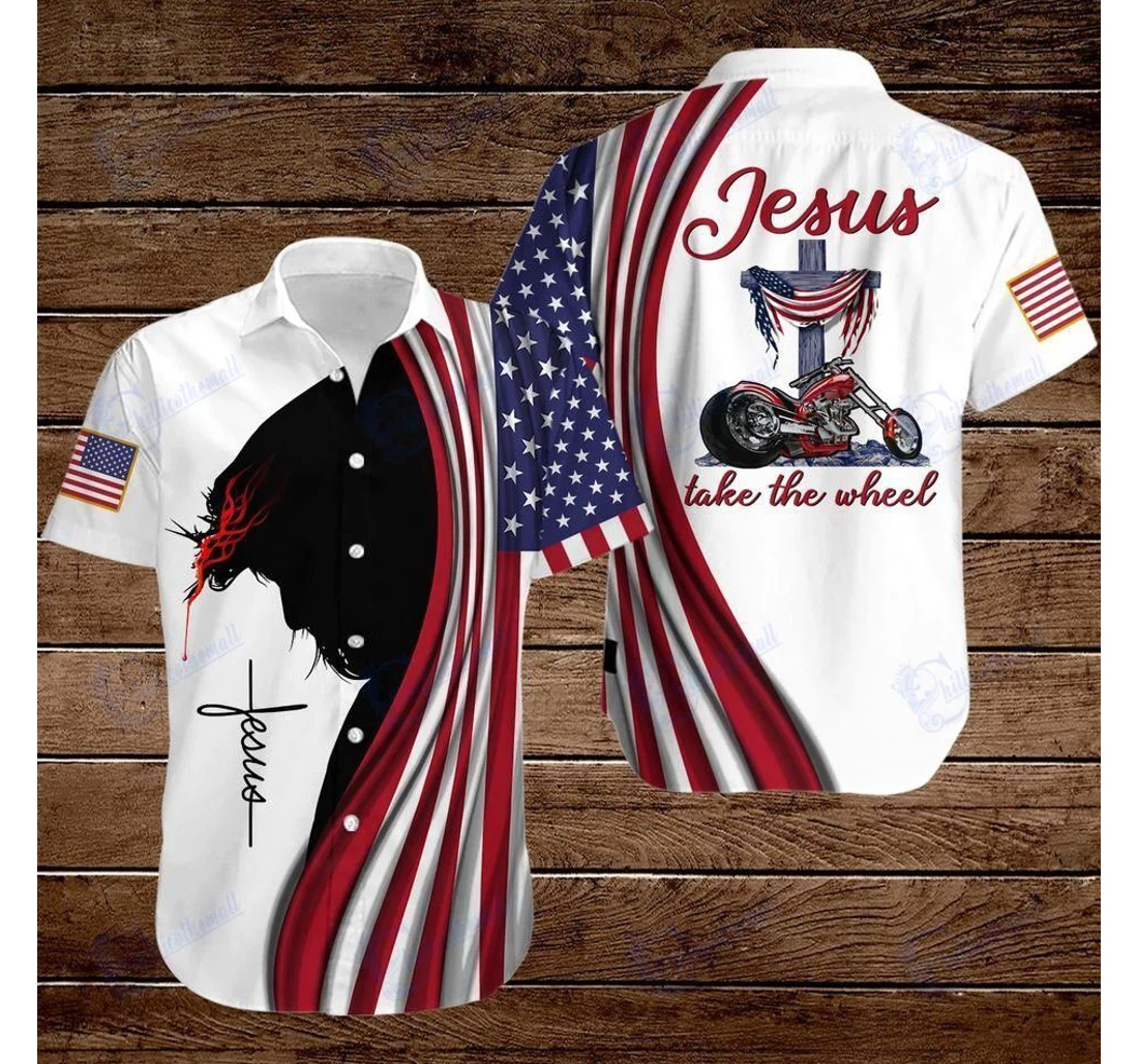 Personalized Jesus Take The Wheel American Flag Christian Cross Hawaiian Shirt, Button Up Aloha Shirt For Men, Women
