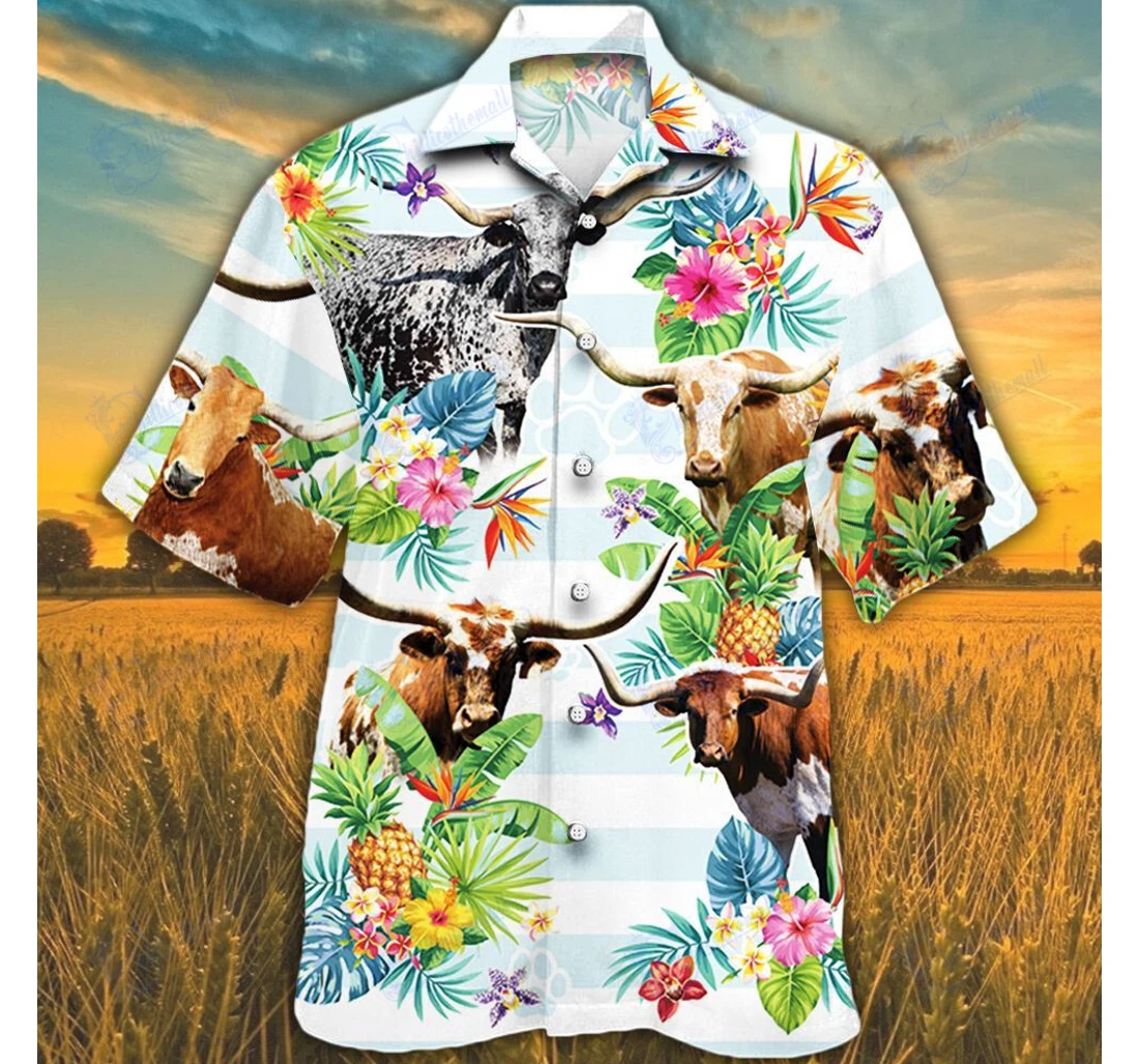 Personalized Tx Longhorn Cattle Lovers Flower Hawaiian Shirt, Button Up Aloha Shirt For Men, Women