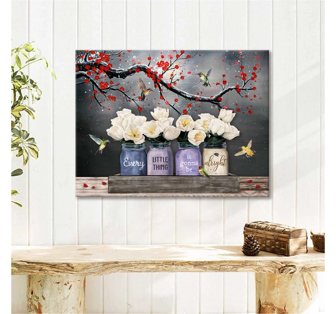 Personalized Poster, Canvas - Tulips In Mason Jars And Hummingbirds Every Little Thing Is Gonna Be Alright Print Framed Wall Art
