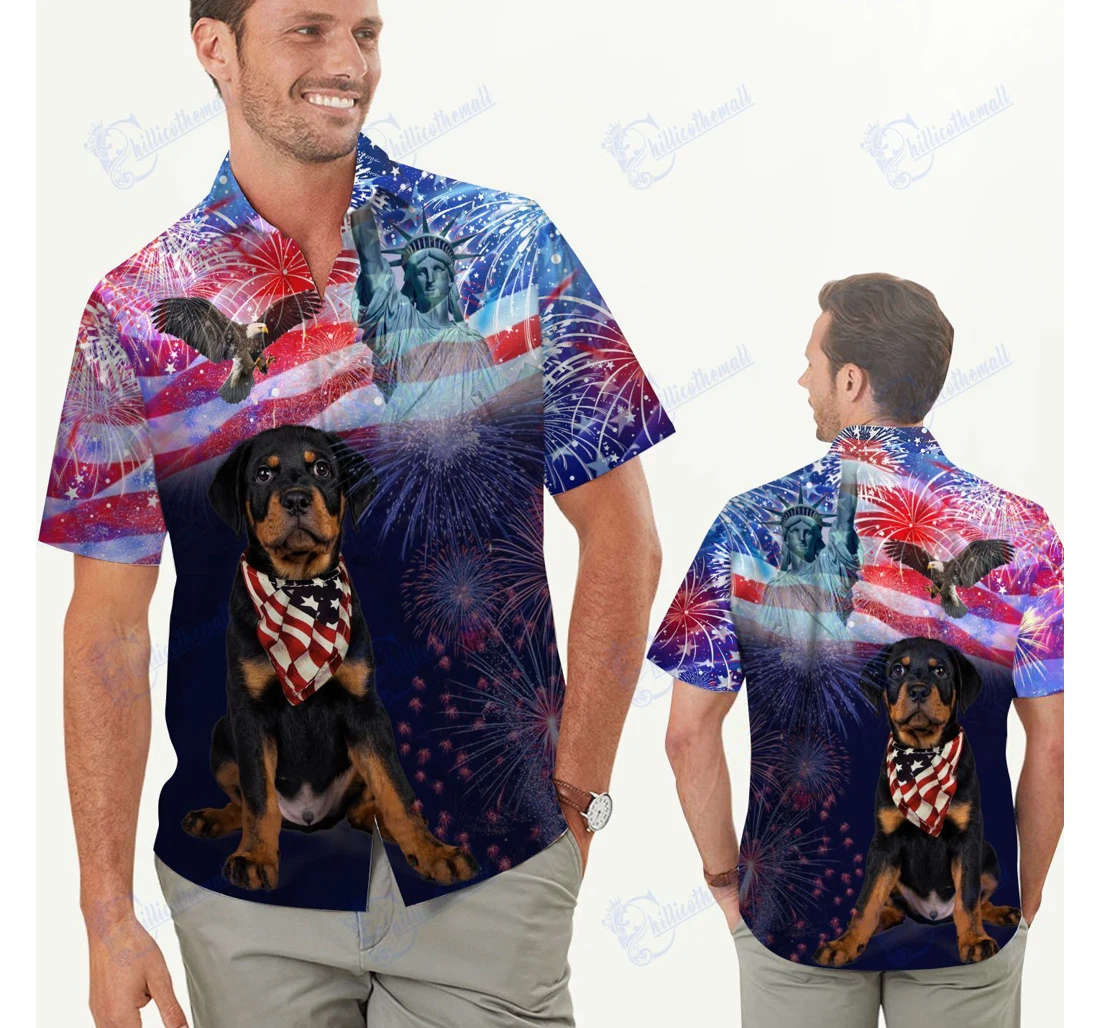 Personalized Rottweiler Fireworks American Independence Day Hawaiian Shirt, Button Up Aloha Shirt For Men, Women