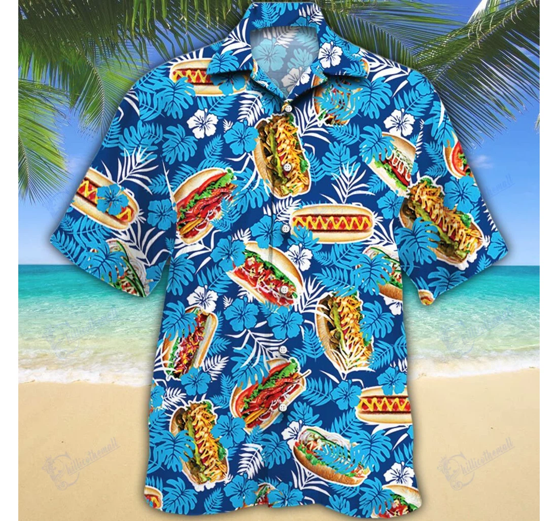 Personalized Hot Dog Lovers Blue Hawaiian Shirt, Button Up Aloha Shirt For Men, Women