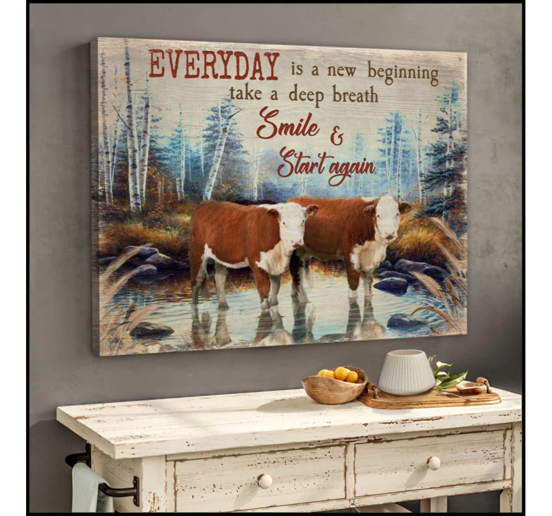 Personalized Poster, Canvas - Hereford Cows Everyday Is A New Beginning Print Framed Wall Art