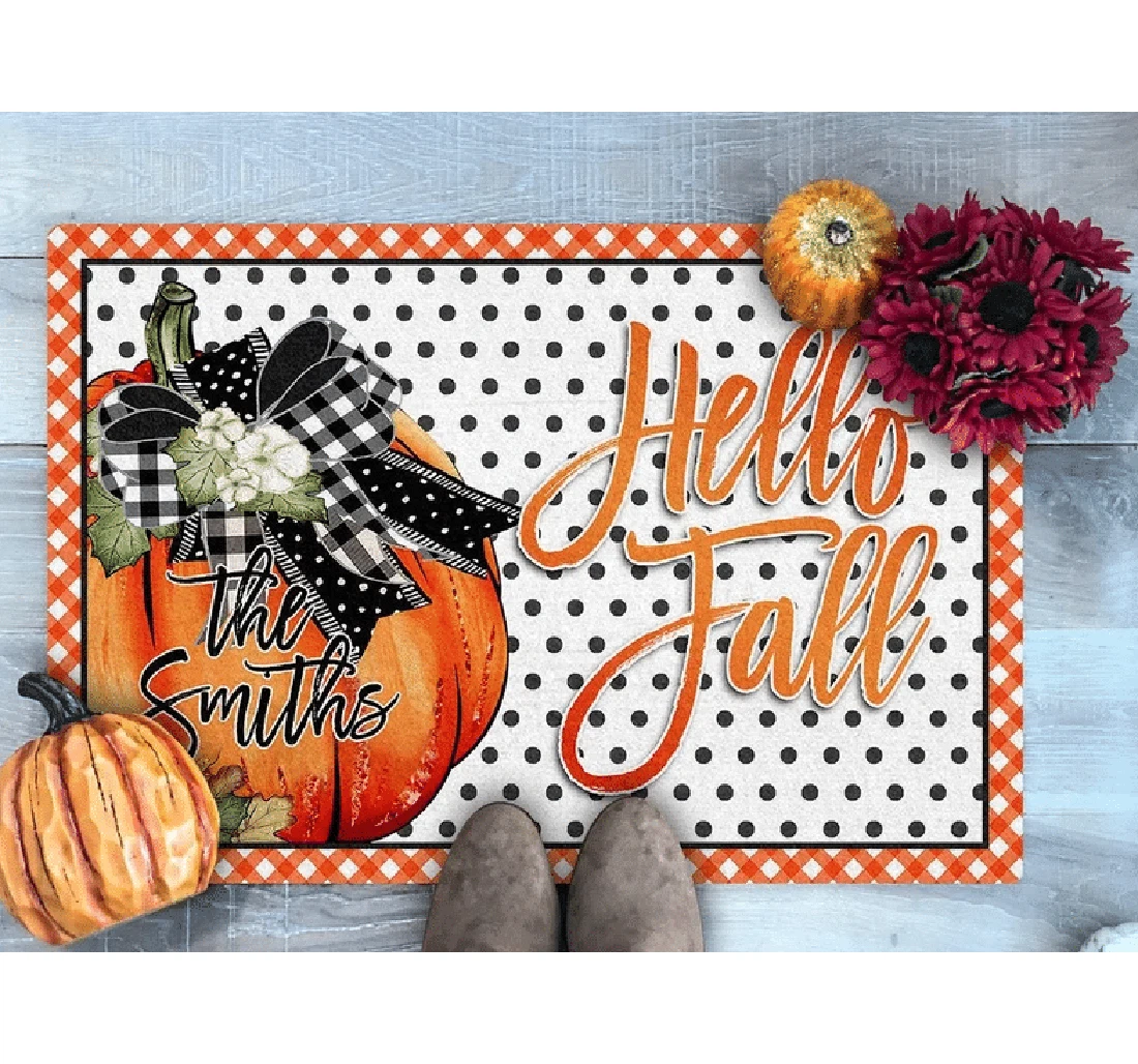 Hello Fall Personalized Family Name Fall Welcome Pumpkin Family Welcome Fall Anti-Slip, Water-Absorbent Doormat