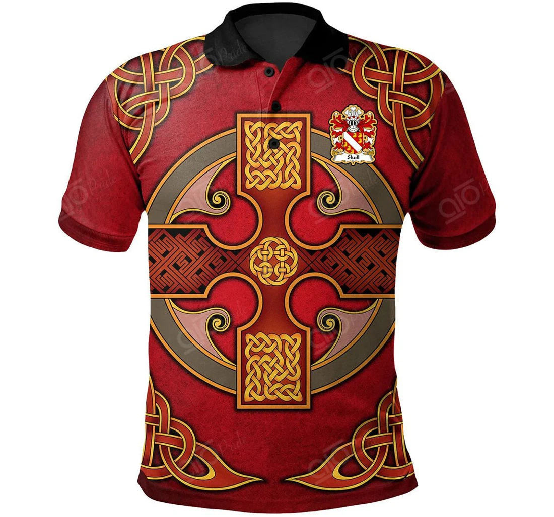 Personalized Skull Of Breconshire Welsh Family Crest - Vintage Celtic Cross Red - Polo Shirt