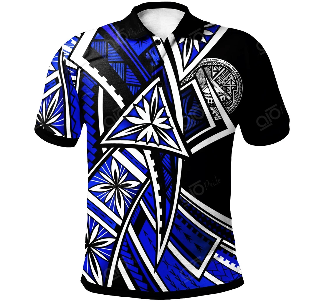Personalized American Samoa - Tribal Flower Special Pattern Blue Color - Polo Shirt
