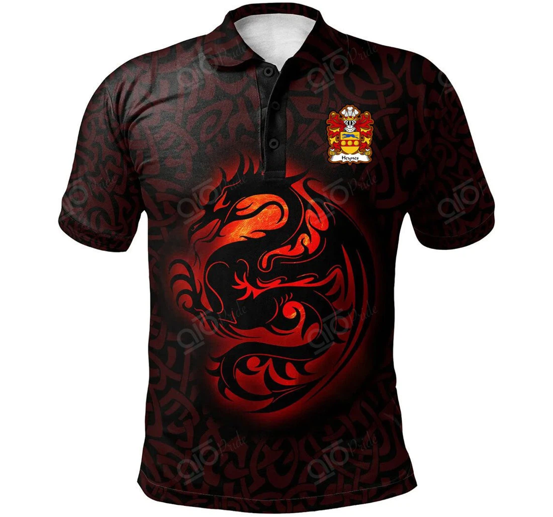 Personalized Heynes Of Stretton Shropshire Ap John Heynes Welsh Family Crest - Fury Celtic Dragon With Knot - Polo Shirt