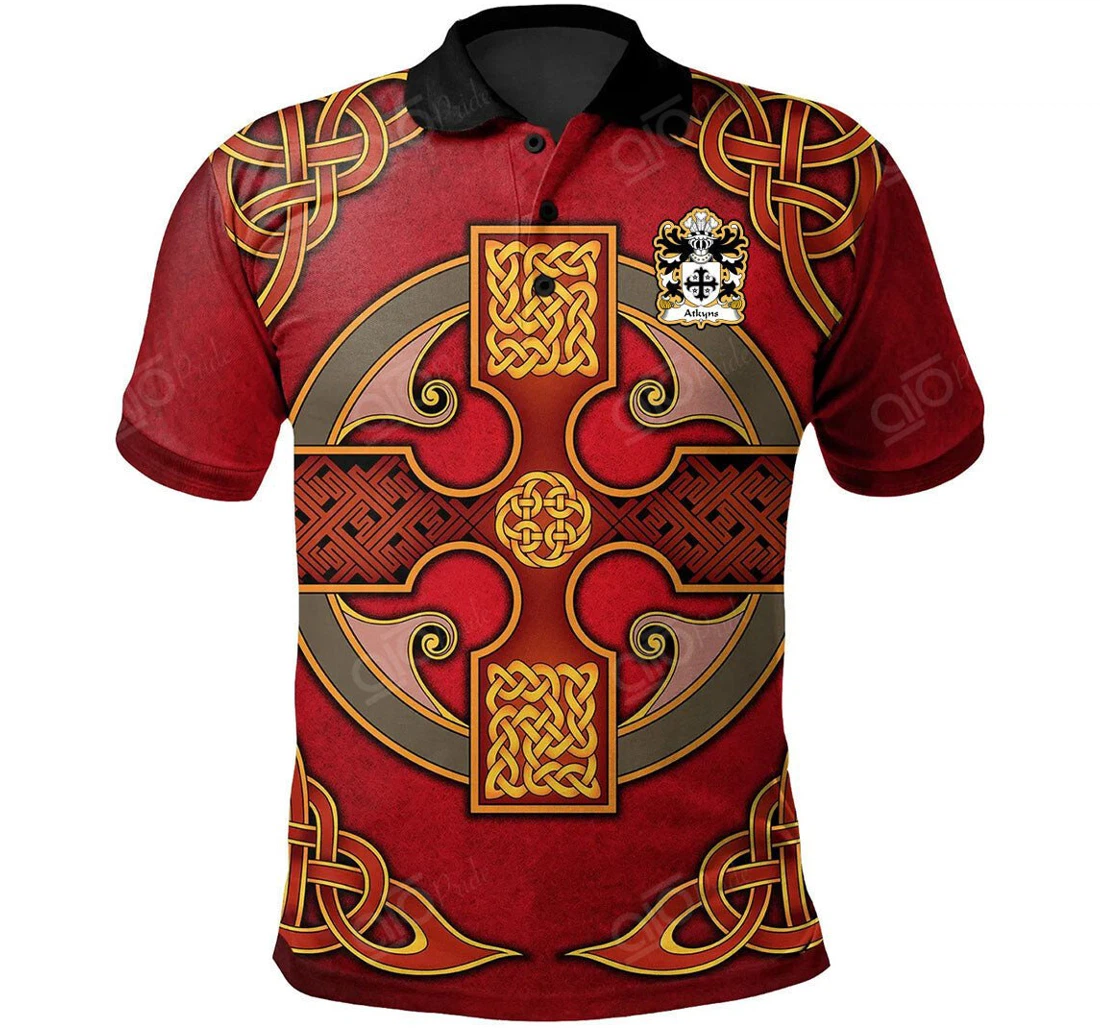 Personalized Atkyns Of Cardigan Welsh Family Crest - Vintage Celtic Cross Red - Polo Shirt