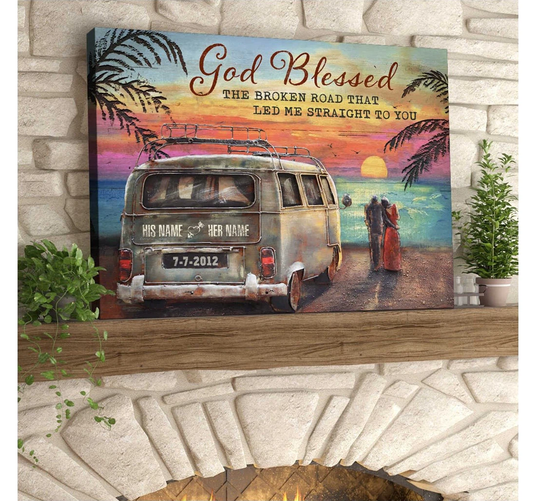 Personalized Poster, Canvas - Rv Camping Best Beach Wedding Couple Blessed The Broken Road Camper Van And Couple Sun Gazing Print Framed Wall Art