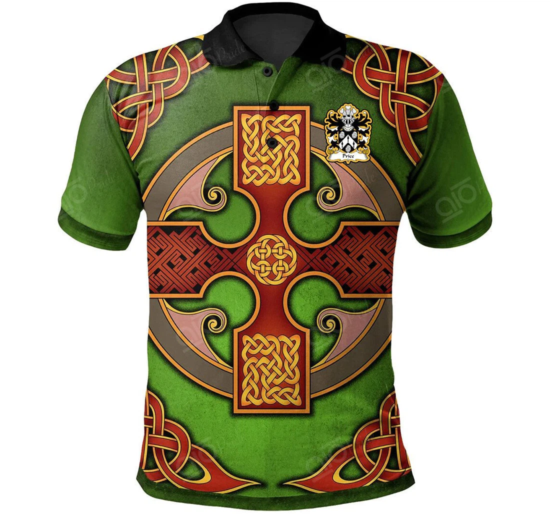 Personalized Price Sir John Of Brecon Welsh Family Crest - Vintage Celtic Cross Green - Polo Shirt