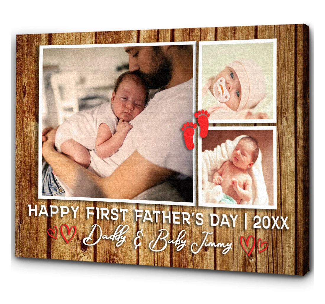 Poster, Canvas - 1st Fathers Day Personalized New Dad Happy First Fathers Day First Time Daddy Newborn Baby Shower N1527 Print Framed Wall Art