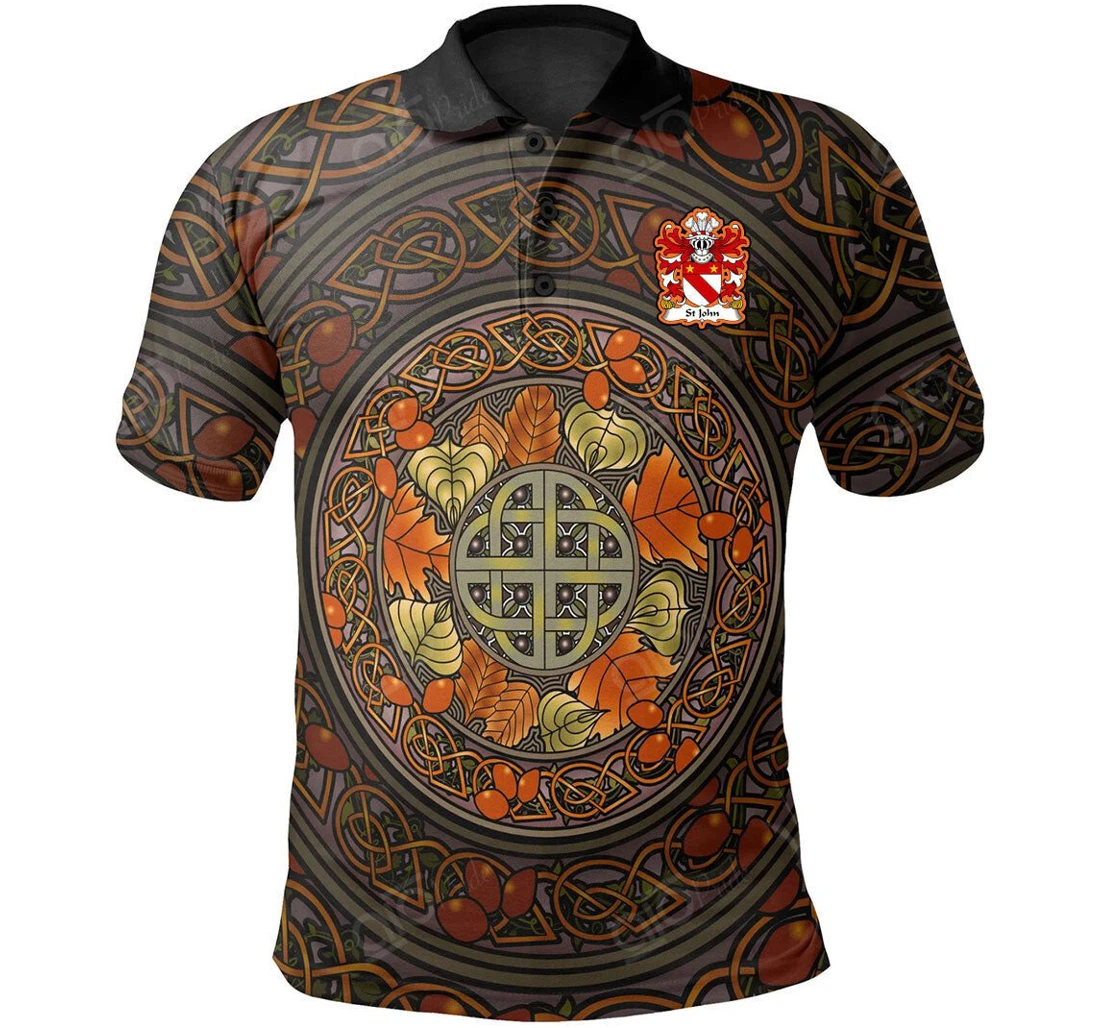 Personalized St John Of Fon Mon Glamorgan Welsh Family Crest - Mid Autumn Celtic Leaves - Polo Shirt