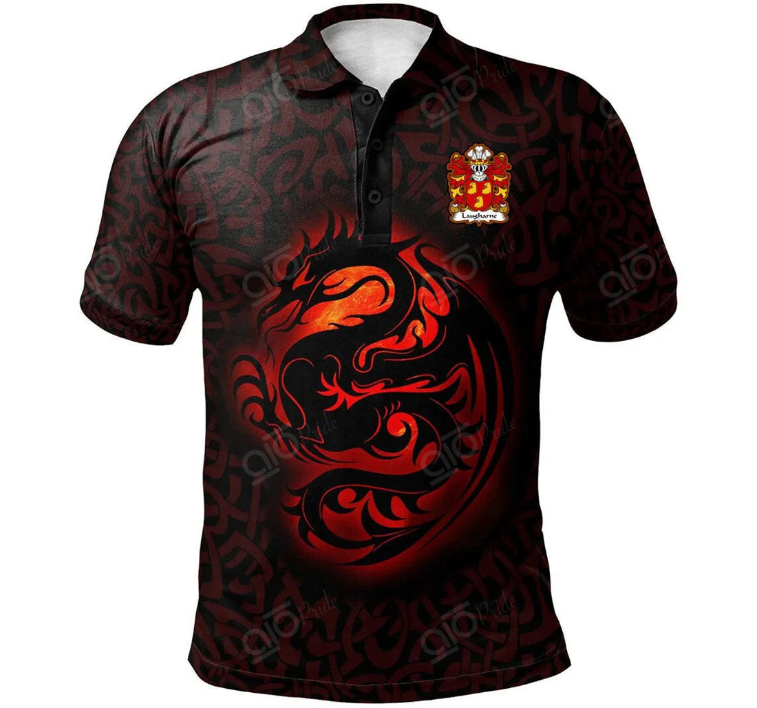 Personalized Laugharne Of St Brides Pembrokeshire Welsh Family Crest - Fury Celtic Dragon With Knot - Polo Shirt