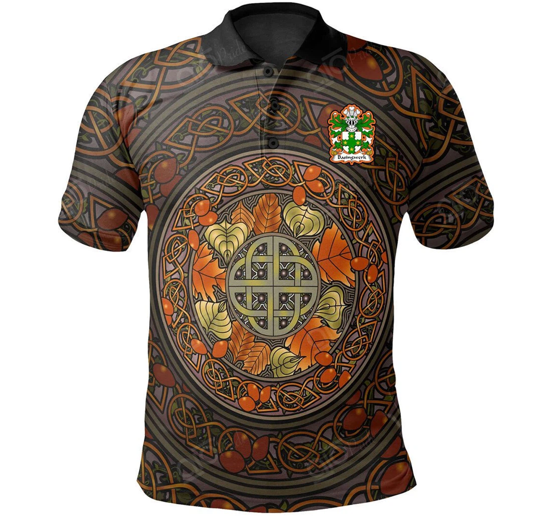 Personalized Basingwerk Abbey Flint Welsh Family Crest - Mid Autumn Celtic Leaves - Polo Shirt