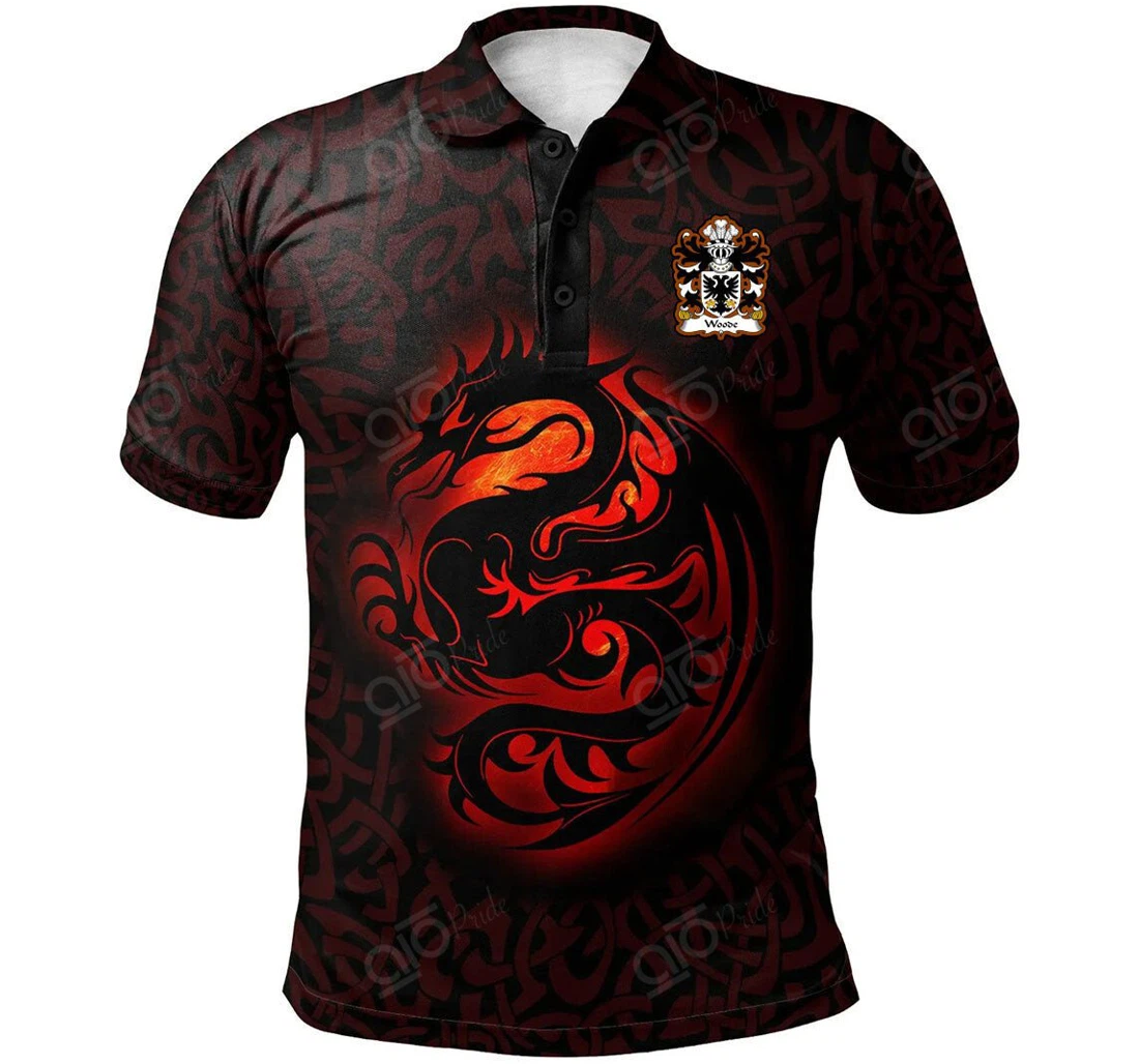 Personalized Woode De La Of Flint Welsh Family Crest - Fury Celtic Dragon With Knot - Polo Shirt