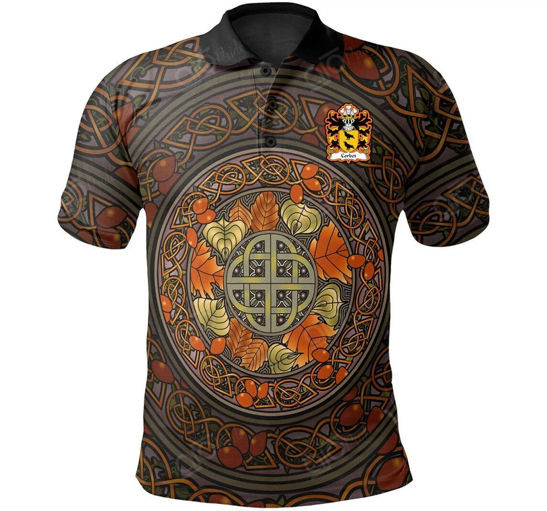 Personalized Corbet Of Cawrse Montgomeryshire Welsh Family Crest - Mid Autumn Celtic Leaves - Polo Shirt