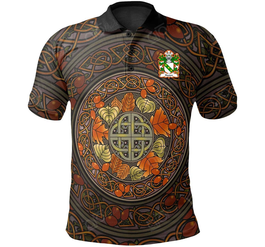 Personalized Hooton Lord Of Hooton Cheshire Welsh Family Crest - Mid Autumn Celtic Leaves - Polo Shirt