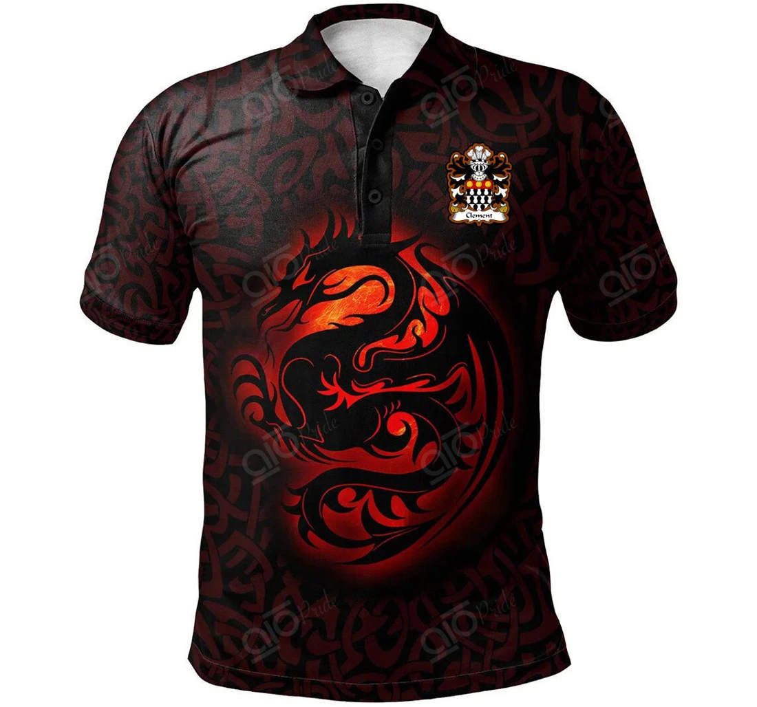 Personalized Clement Of Cardiganshire Welsh Family Crest - Fury Celtic Dragon With Knot - Polo Shirt