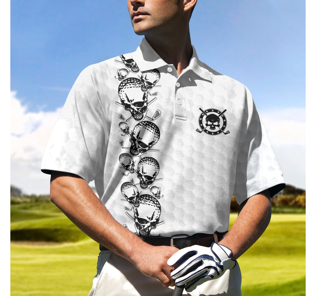 Personalized Golfing Skull Golf Ball And Clubs Shirt Golf Pattern Black And White Golf For - Polo Shirt