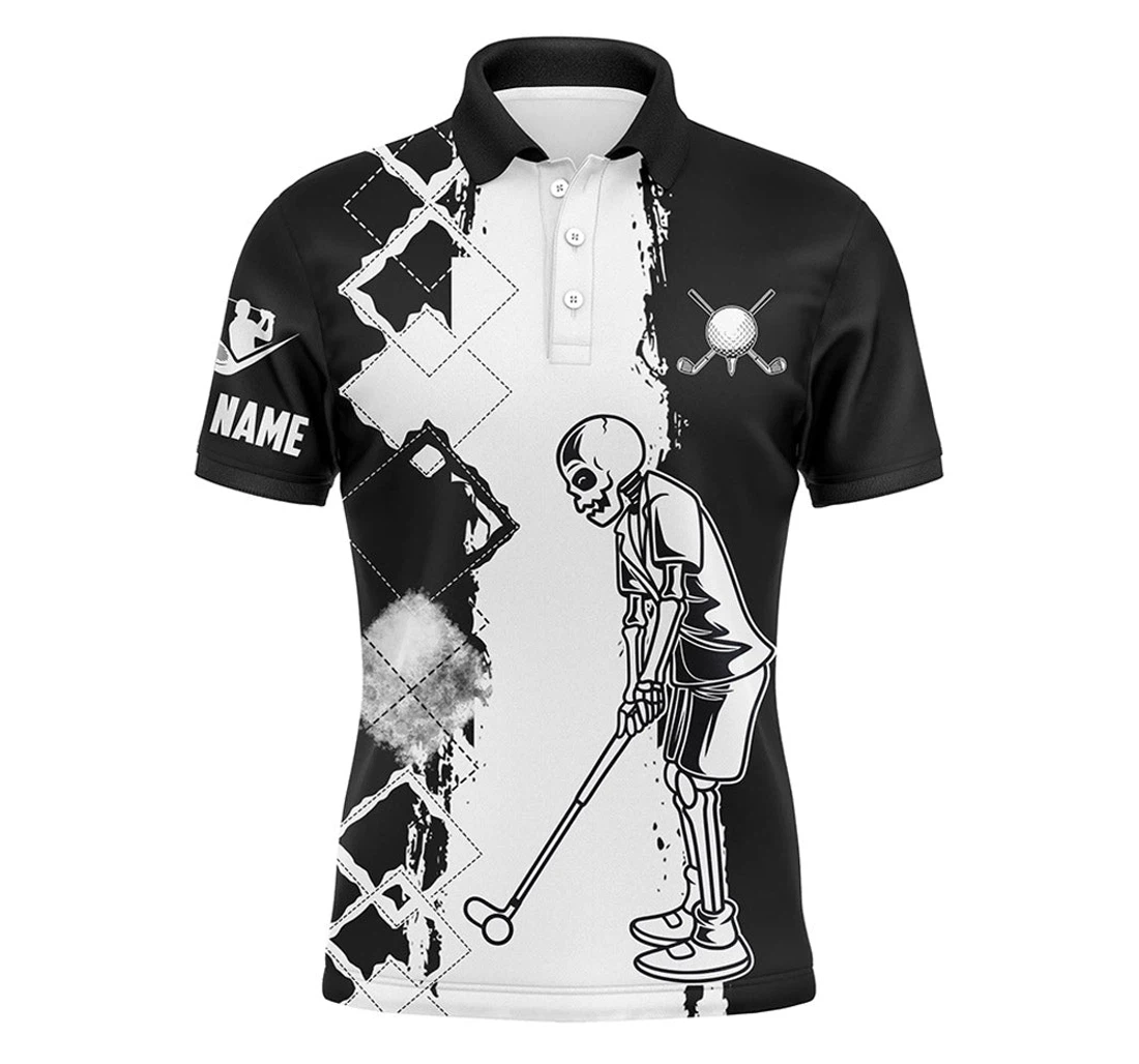 Black And White Mens Golf Golf Skull Custom Name Golf Shirts Golfer Gift Ideas Nqs4308 - Polo Shirt