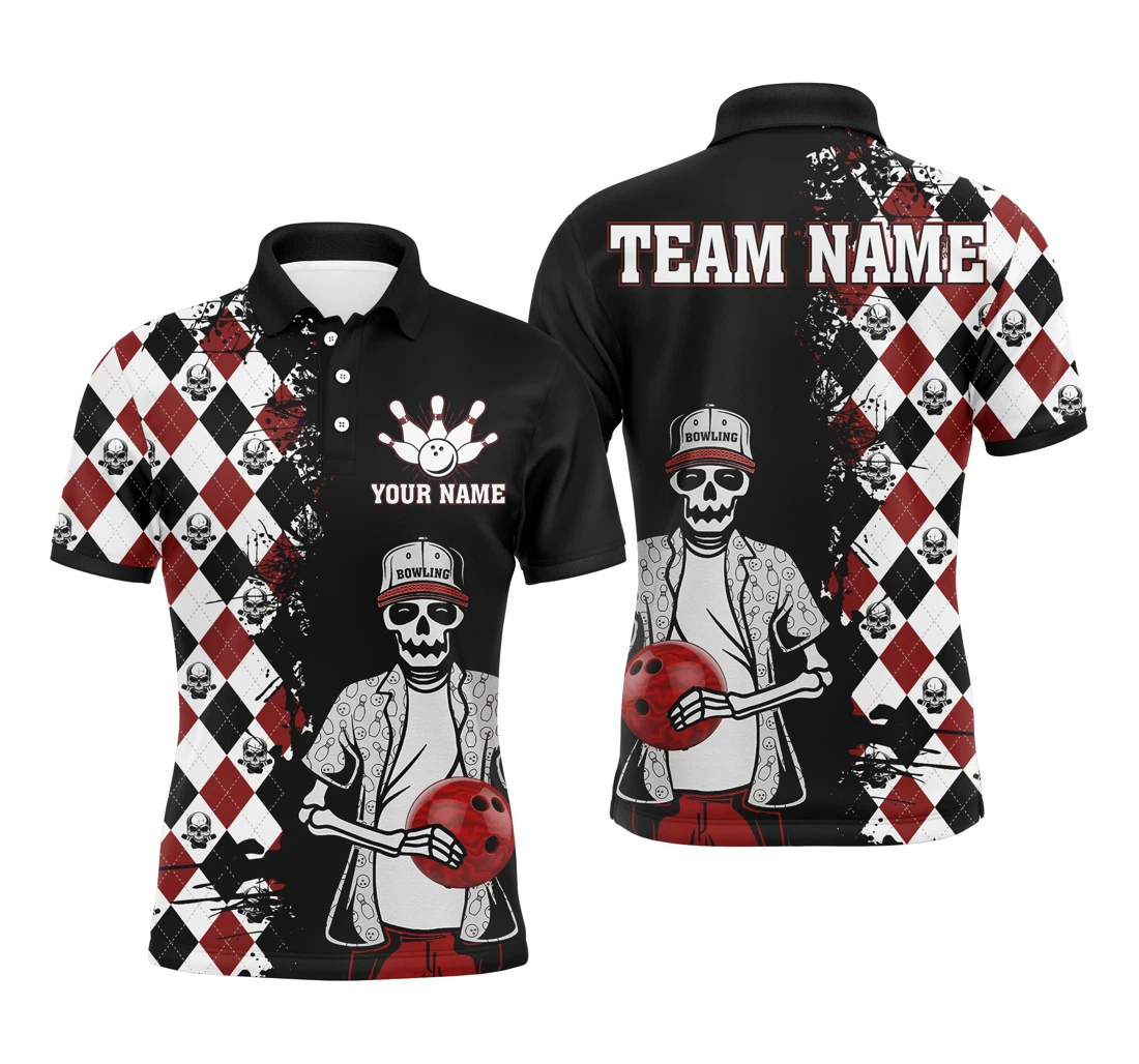 Skull Bowling Personalized Name Argyle Bowling Pattern Bowler Team Jersey Nbp20 - Polo Shirt