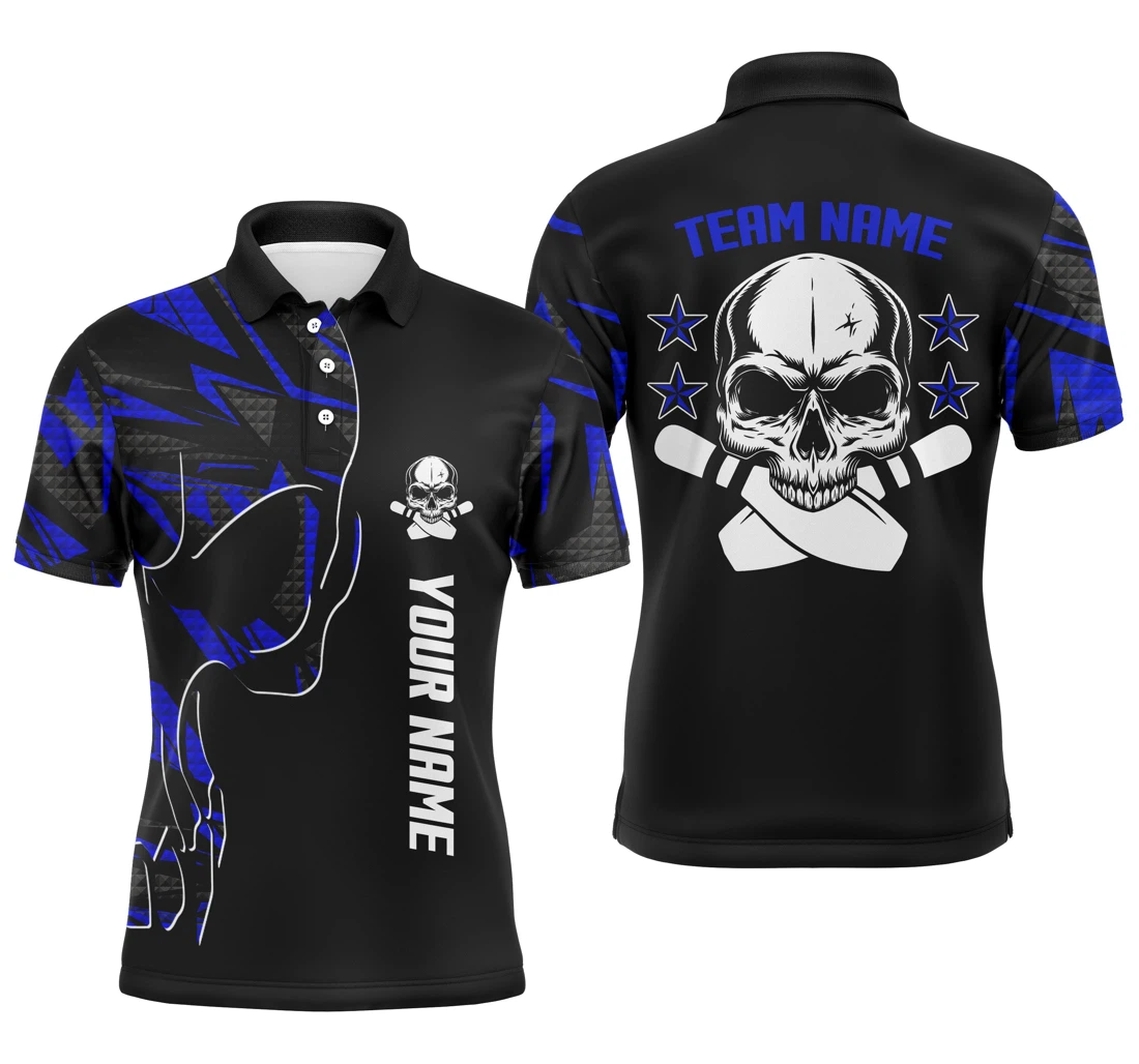Bowling Shirts For Custom Name And Team Name Skull Bowling Team Bowling Shirts Blue Nqs4553 - Polo Shirt