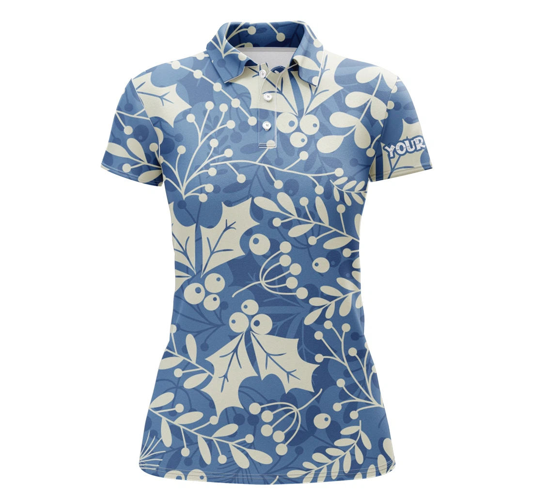Golf Custom Name Christmas Holly Leaves And Berries Pattern Christmas Golf Gift Nqs4448 - Polo Shirt