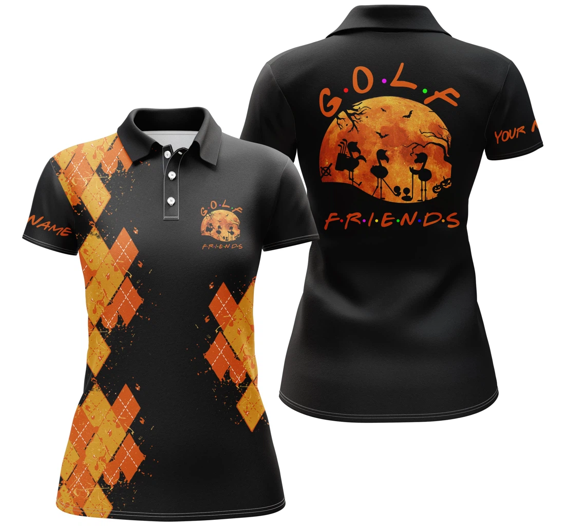 Funny Orange Black Halloween Custom Name Golf - Flamingo Golf Friends Halloween Nqs3973 - Polo Shirt