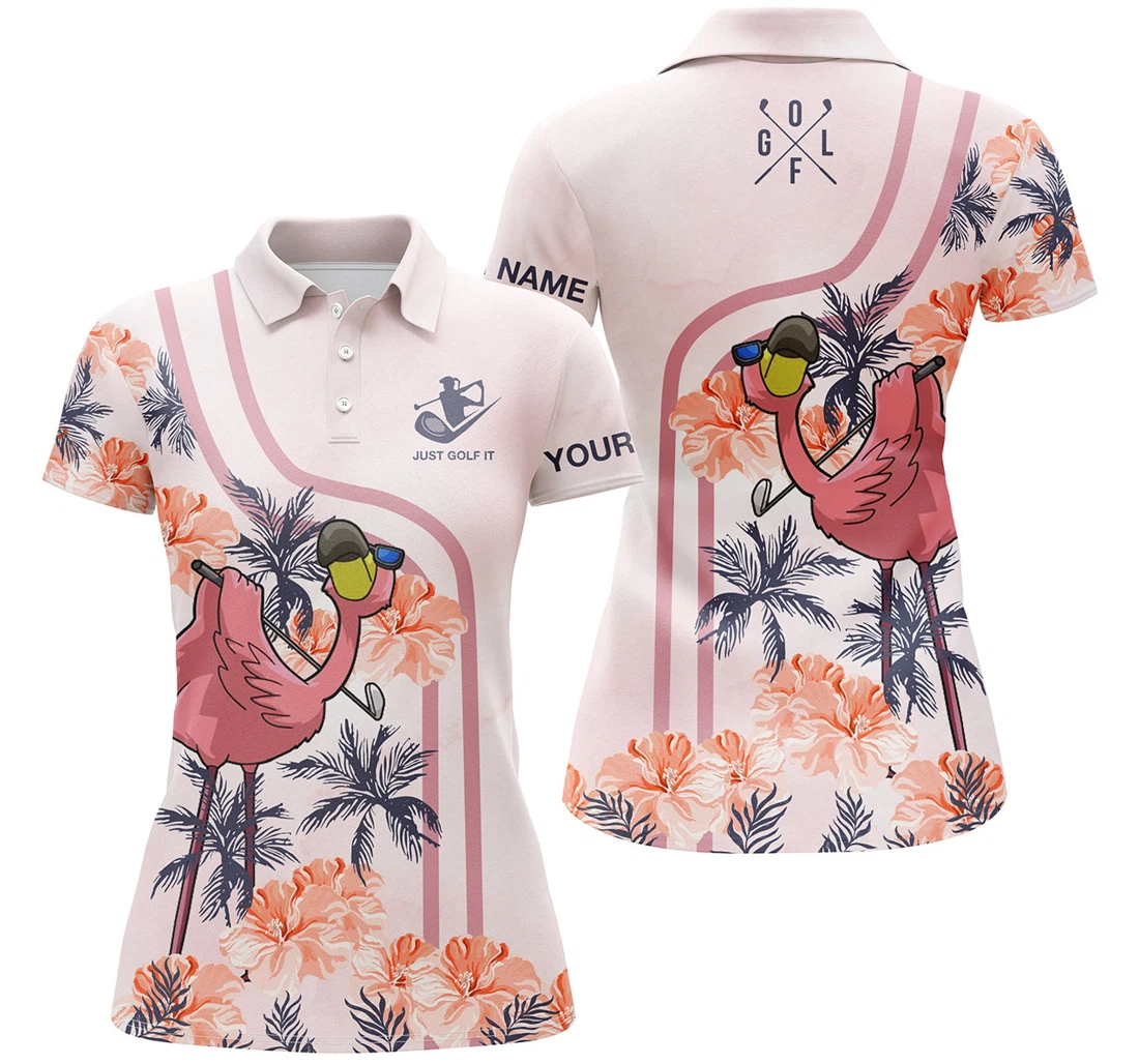 Just Golf It Golf Pink Tropical Flamingo Pattern Custom Name Golf Gift For Nqs3698 - Polo Shirt