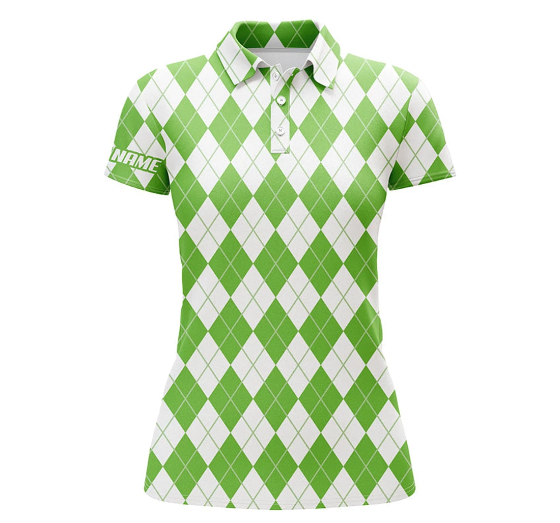 Christmas Plaid Green And White Argyle Pattern Golf Custom Name Golf Gifts For Nqs4414 - Polo Shirt