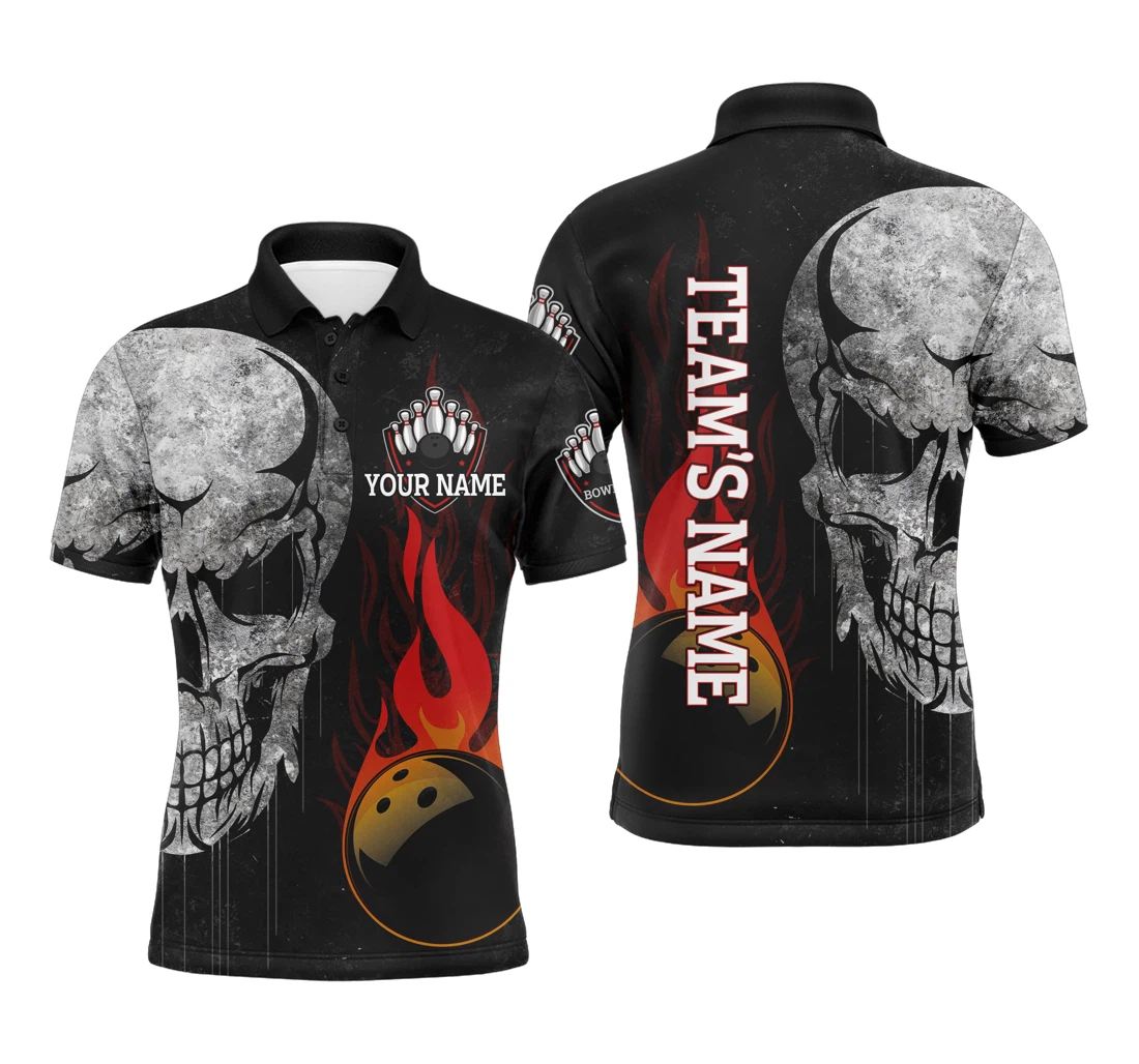 Men's Skull Flame Bowling Custom Name Team Bowlers Nbp98 - Polo Shirt