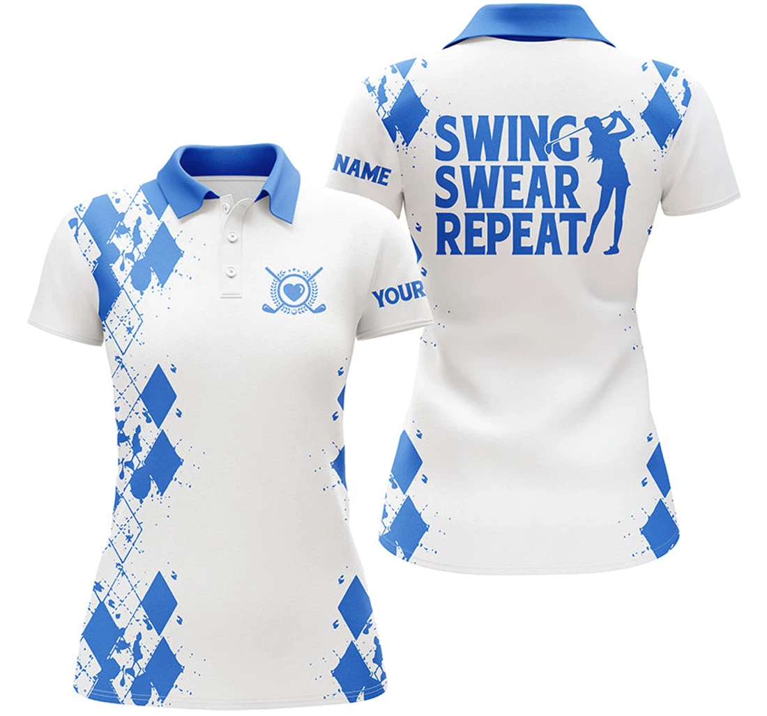 Golf Polos Shirts Custom Name Swing Swear Repeat White Golf Golfing Gifts Blue Nqs4507 - Polo Shirt
