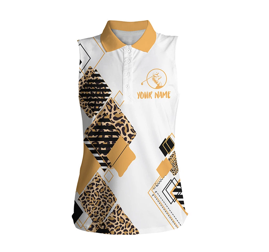 Yellow Women's Sleeveless Golf White Leopard Pattern Custom Name Golf Gift For Nqs3930 - Polo Shirt