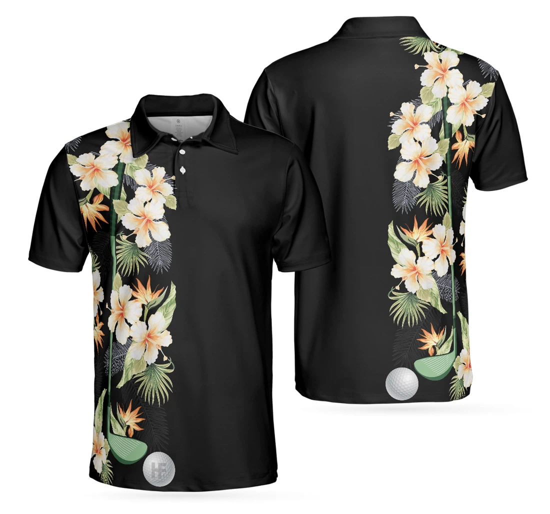 Personalized Floral Golf Club And Ball Wild Floral And Leaves Golfing Tropical Golf For - Polo Shirt