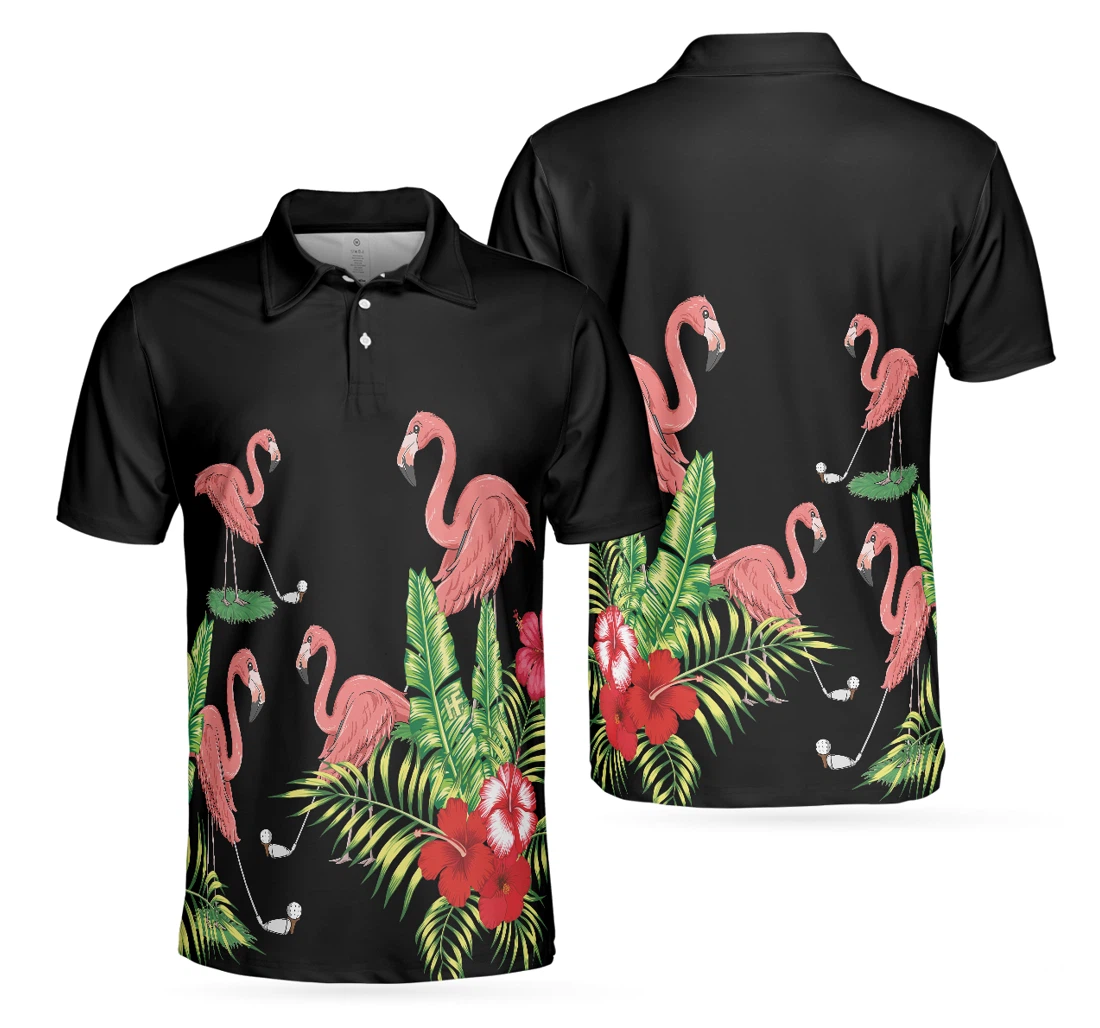 Personalized Flamingo Playing Golf And Tropical Pattern Pink Flamingo For Golfers - Polo Shirt