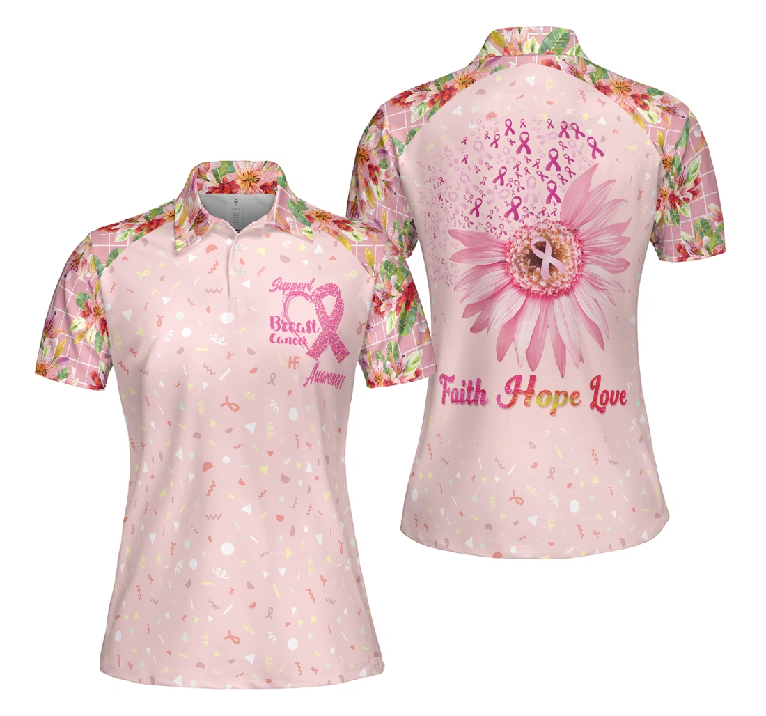 Personalized Colorful Flower Breast Cancer Awareness Fight Hope Love Breast Cancer Awareness Month - Polo Shirt