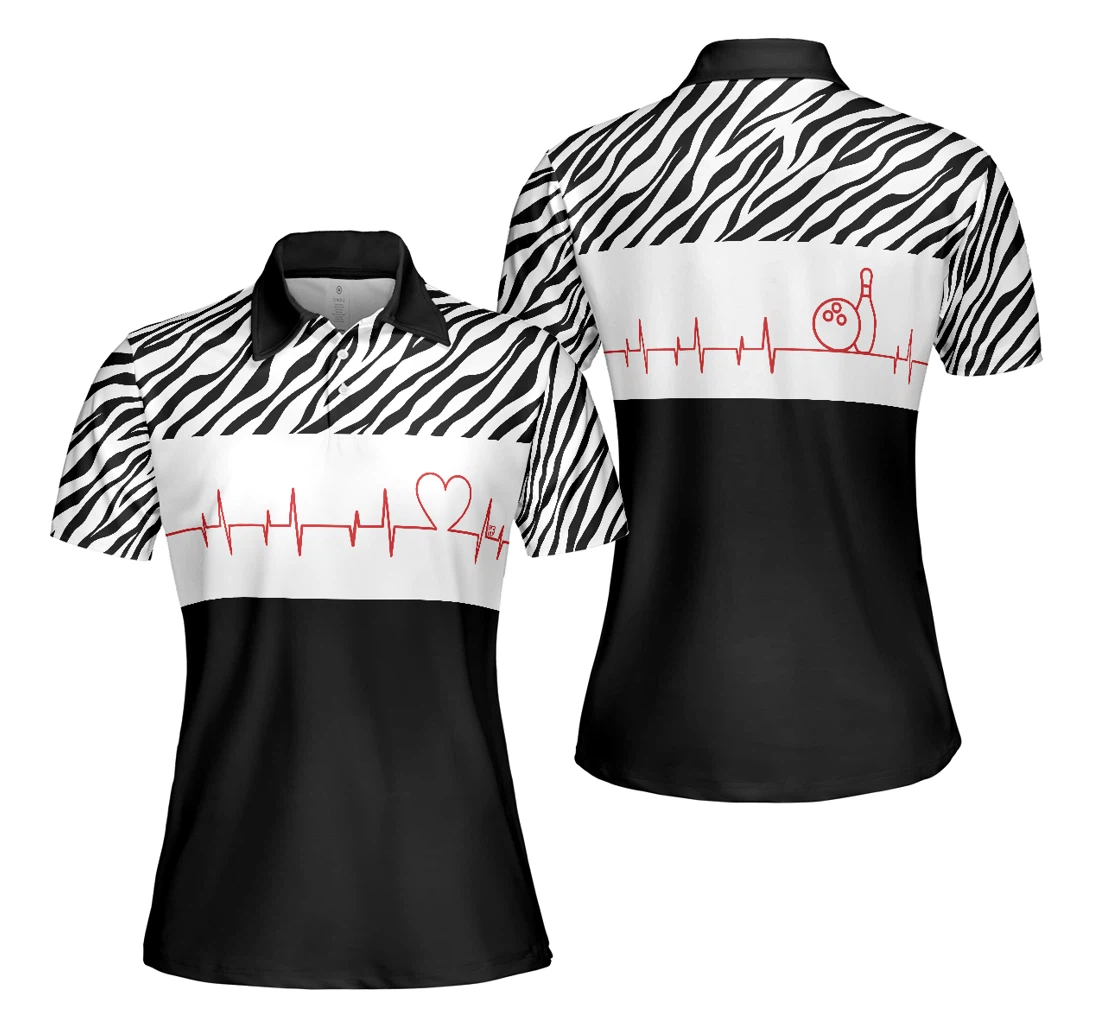 Personalized Bowling Heartbeat Zebra Pattern Bowling For Ladies - Polo Shirt