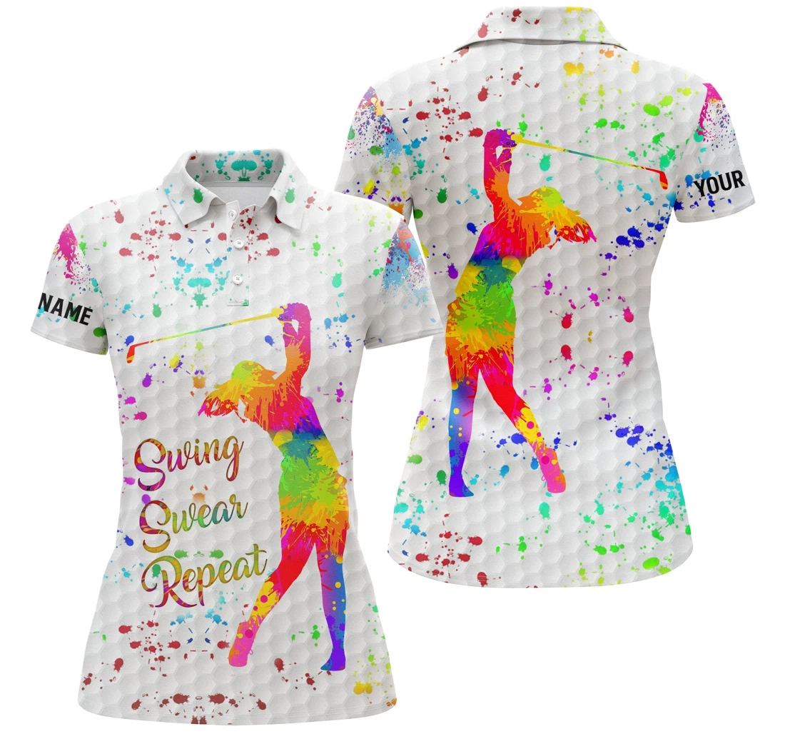 Golf Custom Name Watercolor Swing Swear Repeat Personalized Golf Gifts For - Polo Shirt