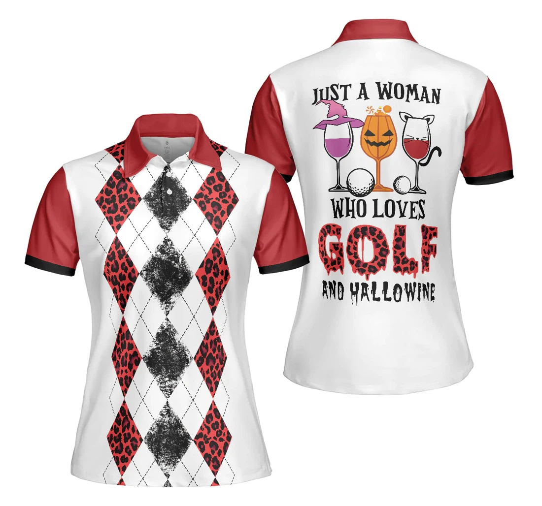 Personalized White And Red Leopard Argyle Pattern Wine Just A Who Loves Golf And Hallowine Golf For Halloween Golf For Ladies - Polo Shirt