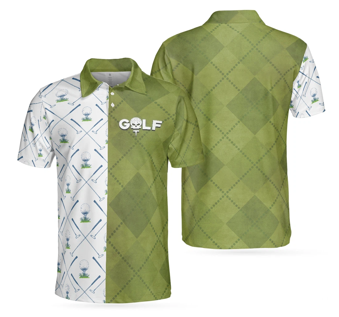 Personalized Golf Green And White Pattern Golf Clubs Golf Ball Argyle Pattern Skull Best Golf For - Polo Shirt