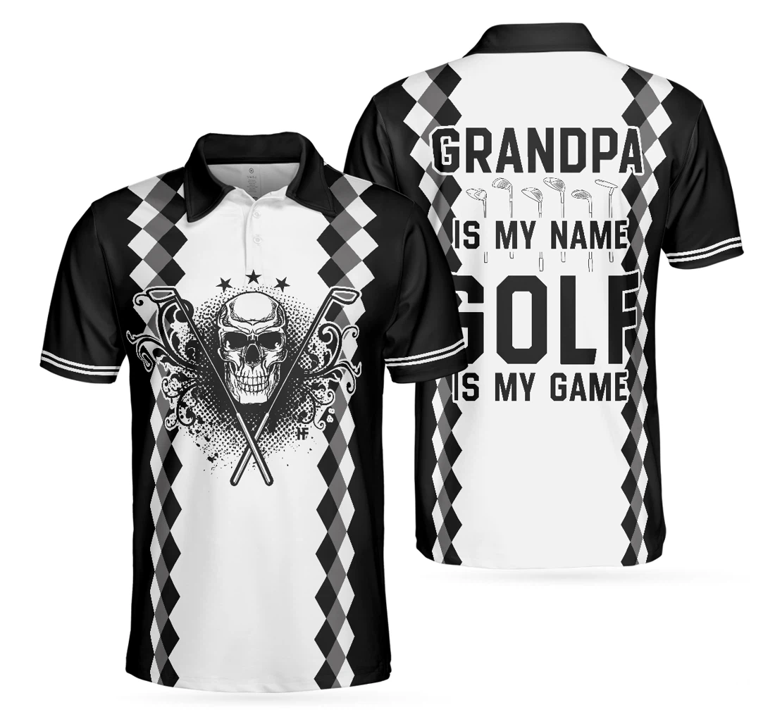 Personalized Black And White Argyle Pattern Skull Golf Grandpa Is My Name Golf Is My Game Golf For - Polo Shirt