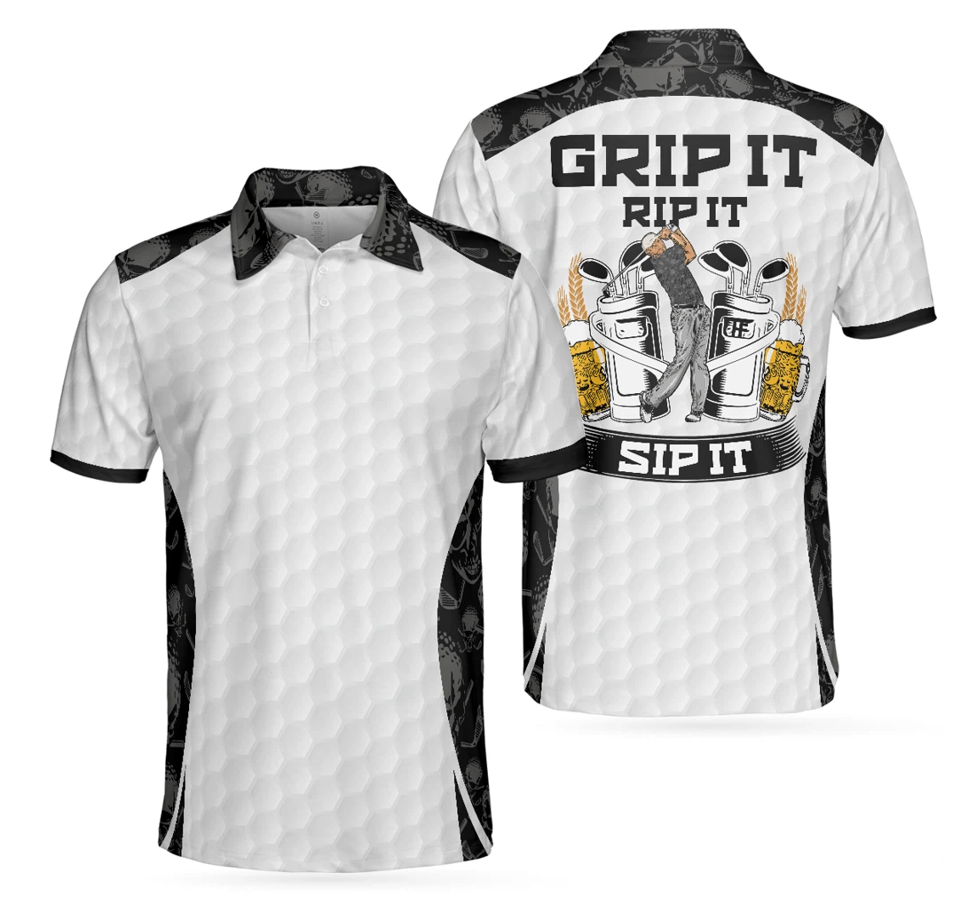 Personalized Golf Ball Pattern Skull Grip It Rip It Sip It Golf White For Christmas Scary Gift Idea For Golfers - Polo Shirt
