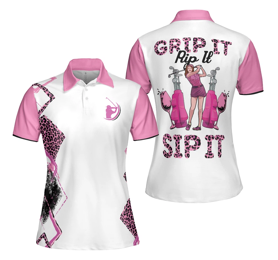 Personalized Pink Leopard Pattern Golf Grip It Rip It Sip It For Ladies - Polo Shirt