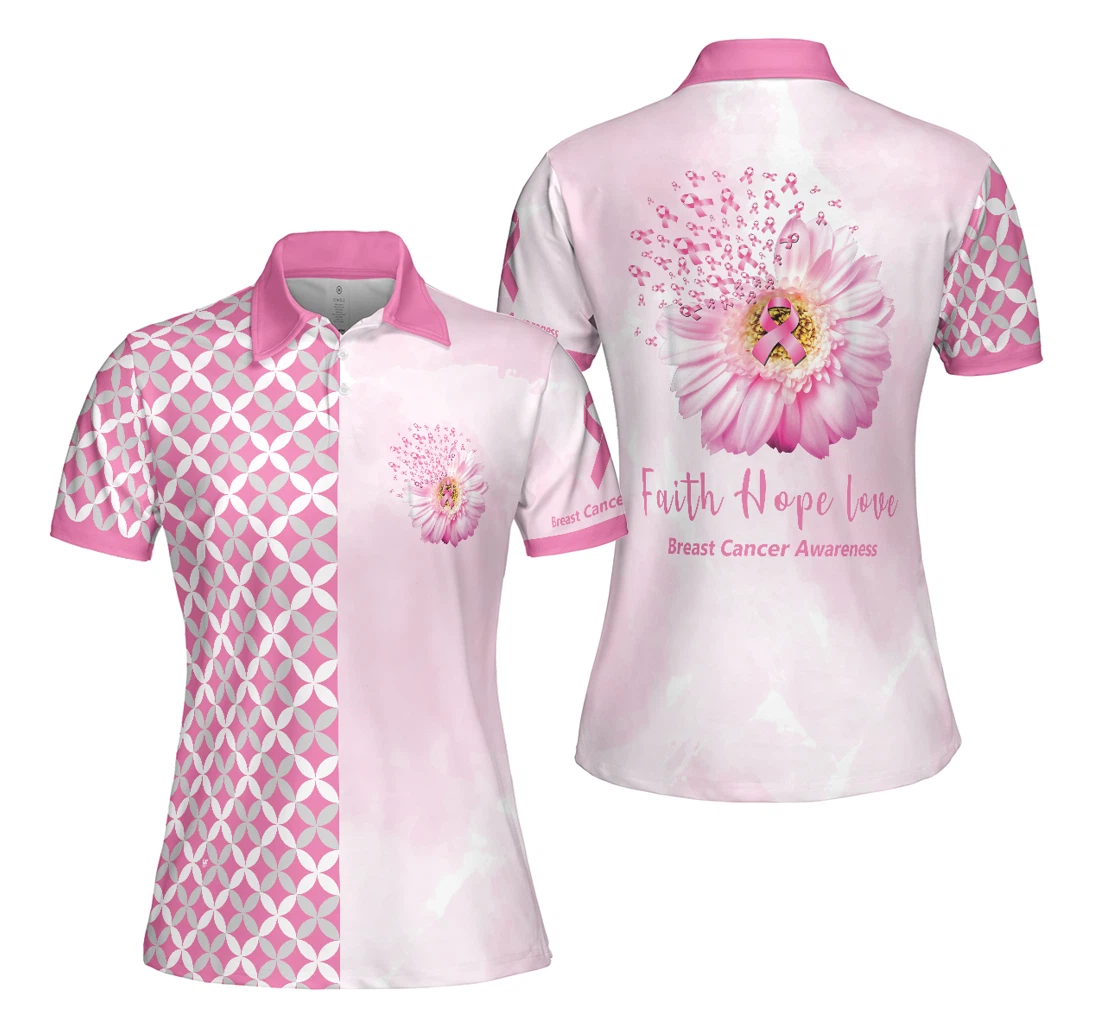 Personalized Pink Breast Cancer Awareness Faith Hope Love Breast Cancer Awareness For Ladies - Polo Shirt