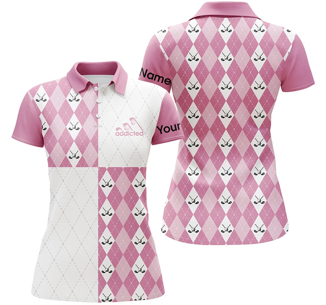 Golf Addicted Golf Shirts Custom Name Pink White Golf Ball Clubs Pattern Team Golf Shirts Nqs4251 - Polo Shirt