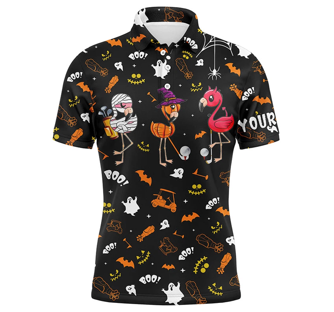 Funny Golf Orange Black Halloween Background Custom Name Flamingo Golf Friends Nqs3974 - Polo Shirt