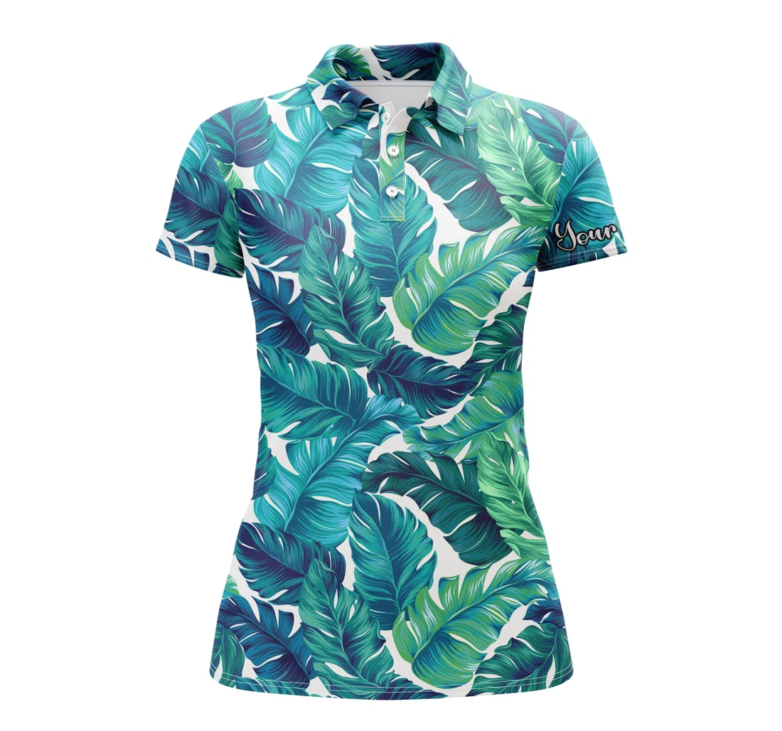 Team Golf Shirts
 Golf Turquoise And Green Tropical Leaves Custom Team Golf Shirts